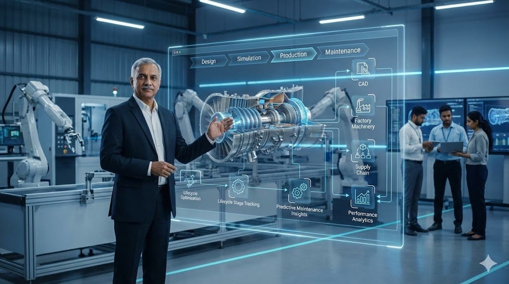 Manufacturing executive reviewing digital twin and PLM data within a connected digital thread environment in a smart factory setting.