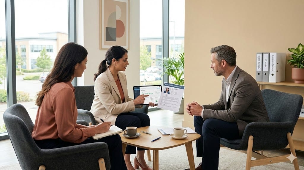 HR and executive leaders discussing recruitment and retention strategies for digital transformation leadership inside a modern office of a traditional food company, emphasizing collaboration and modernization.
