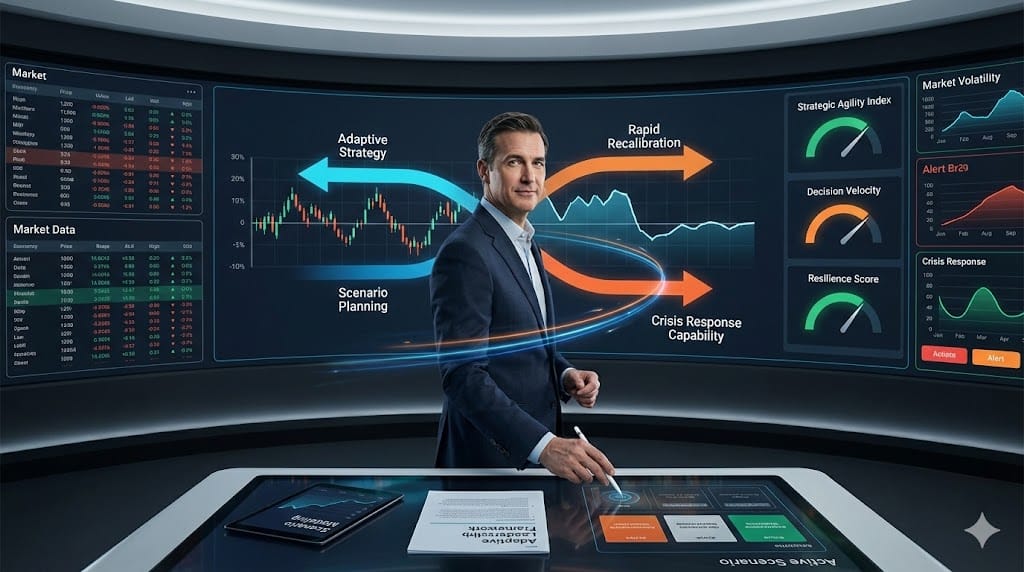 Executive candidate navigating shifting strategic pathways with dynamic performance dashboards illustrating agility and rapid decision-making under pressure.