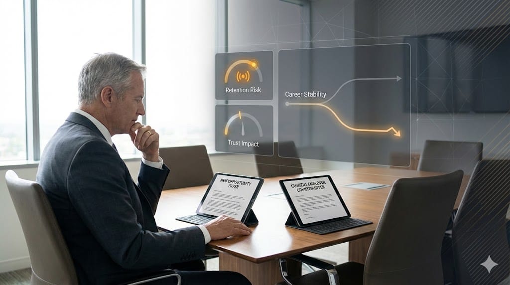 Executive candidate reviewing a counter-offer while subtle risk indicators and warning signals appear in a professional corporate setting.