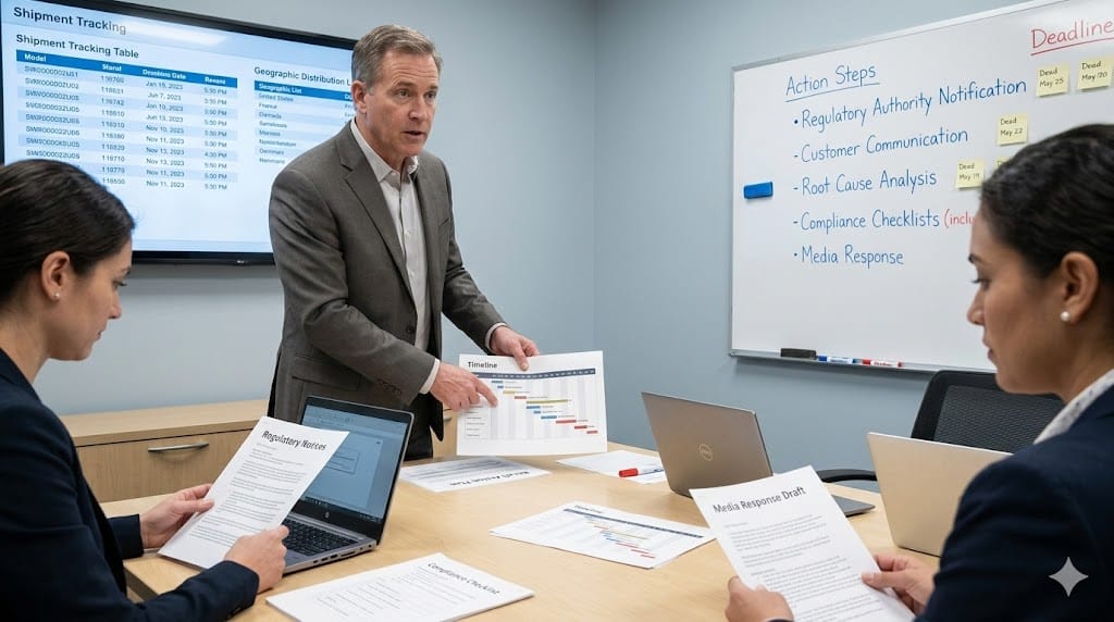 Executive crisis response team coordinating regulatory compliance and issue management in a structured operations center.