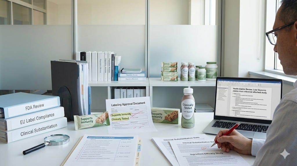 Regulatory affairs specialist reviewing health-claim labeling and compliance documents for a food or supplement product in a clinical office setting.
