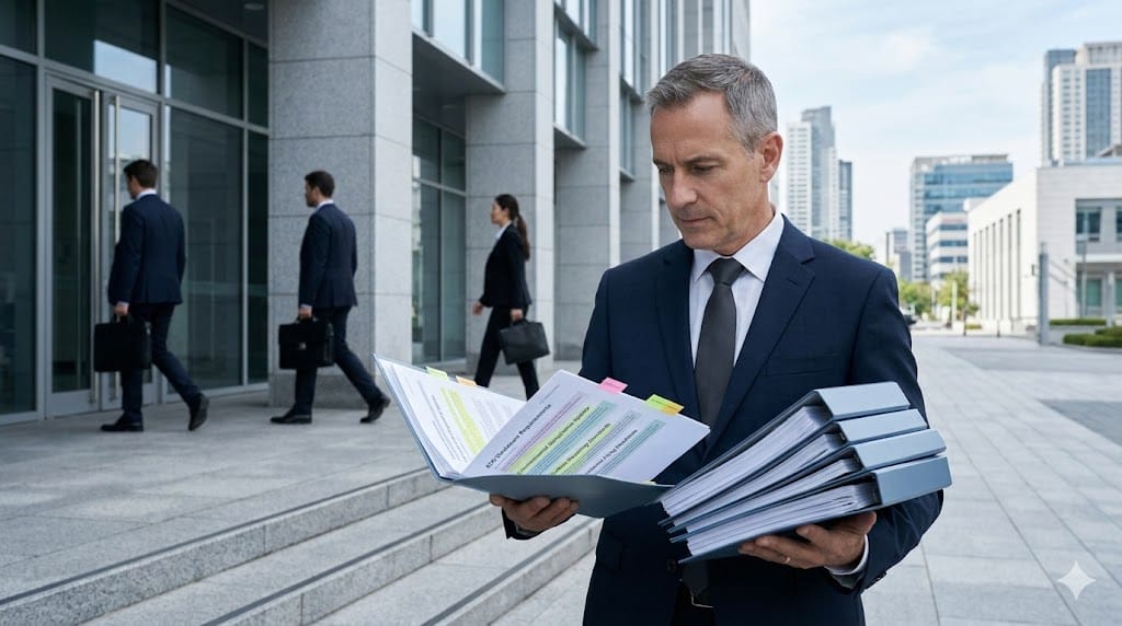 Corporate sustainability executive reviewing regulatory compliance documents outside a government building, symbolizing mounting regulatory pressure driving Chief Sustainability Officer accountability.
