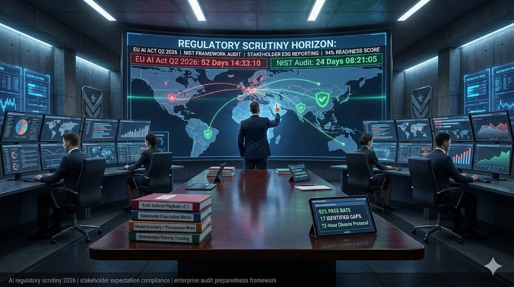 Corporate governance team preparing AI compliance audit defense—regulatory scrutiny dashboard tracking stakeholder expectations, audit readiness metrics, and enterprise risk mitigation protocols for upcoming regulatory examinations.