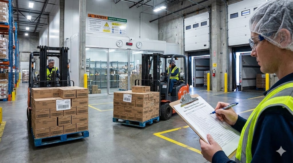 Quality assurance manager conducting safety and regulatory inspection in a food and beverage warehouse, reviewing compliance checklist while monitoring storage and distribution operations.