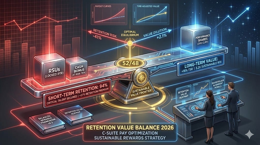 Executive compensation strategists balancing short-term retention incentives with long-term shareholder value—dual-axis dashboard optimizing pay structures, retention risk reduction, and sustainable value creation during C-suite rewards calibration.