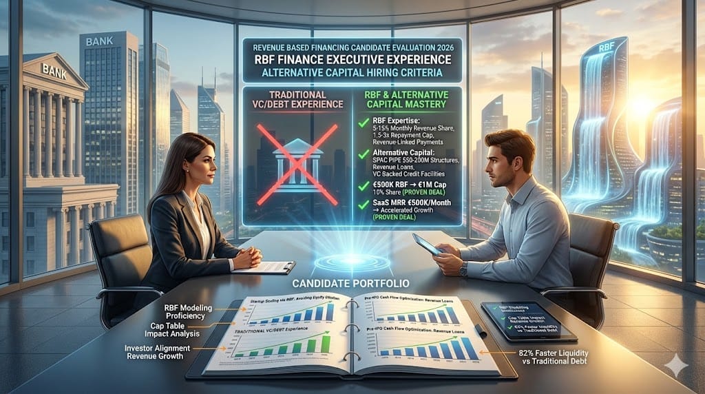 Finance executive candidate under evaluation for alternative capital expertise—revenue-based financing RBF model diagram showing 5-15% revenue share 1.5-3x cap repayment alongside SPAC PIPE structures for pre-IPO scaling 2026 "Evaluating a Candidate? Experience with Revenue-Based Financing and Alternative Capital".