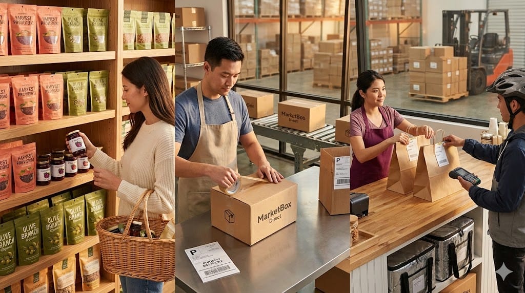 Multi-channel food and beverage sales environment showing retail shelves, e-commerce fulfillment packaging, food delivery preparation, and wholesale distribution to illustrate fragmented revenue streams.