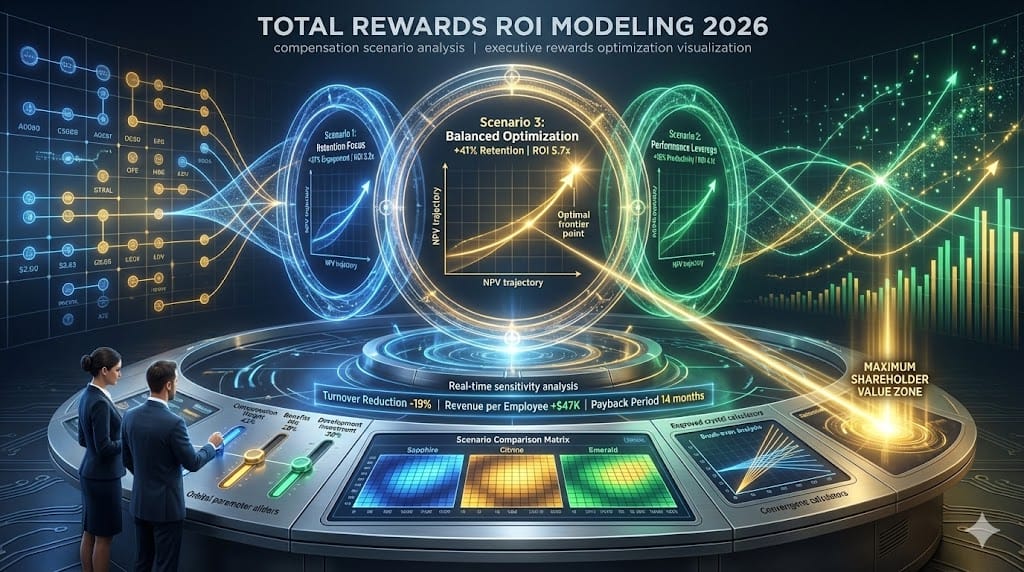 CHRO and CFO modeling total rewards ROI scenarios—interactive dashboard projecting retention gains, productivity uplift, and financial returns across compensation, benefits, and development investment variations.