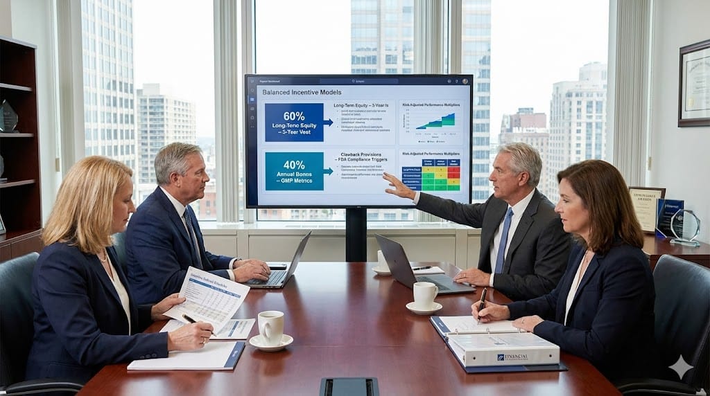 Life sciences executives reviewing compensation structures aligned with enterprise risk exposure—balancing long-term incentives clawback provisions regulatory compliance metrics with performance-based rewards reflecting FDA EMA GMP pharmacovigilance accountability.