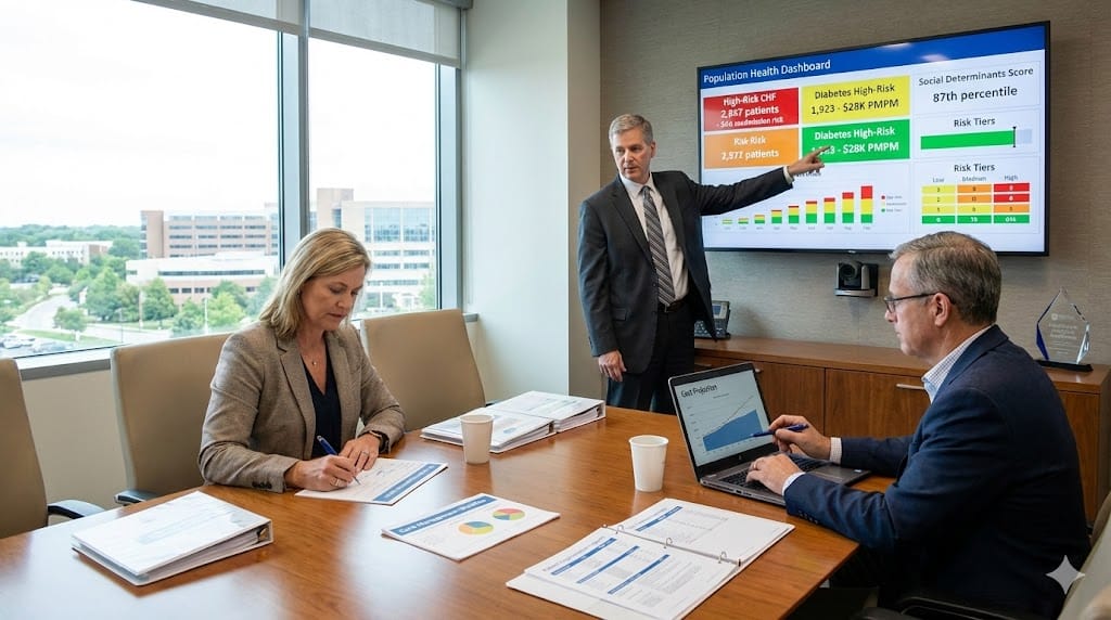 Healthcare executives overseeing population health governance—analyzing risk stratification dashboards identifying high-risk cohorts coordinating care management interventions across value-based care networks.