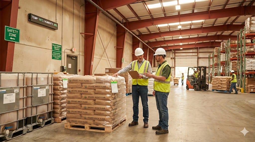 Food company quality manager conducting an on-site supplier audit at an ingredient facility, reviewing documentation and inspecting raw material handling processes.