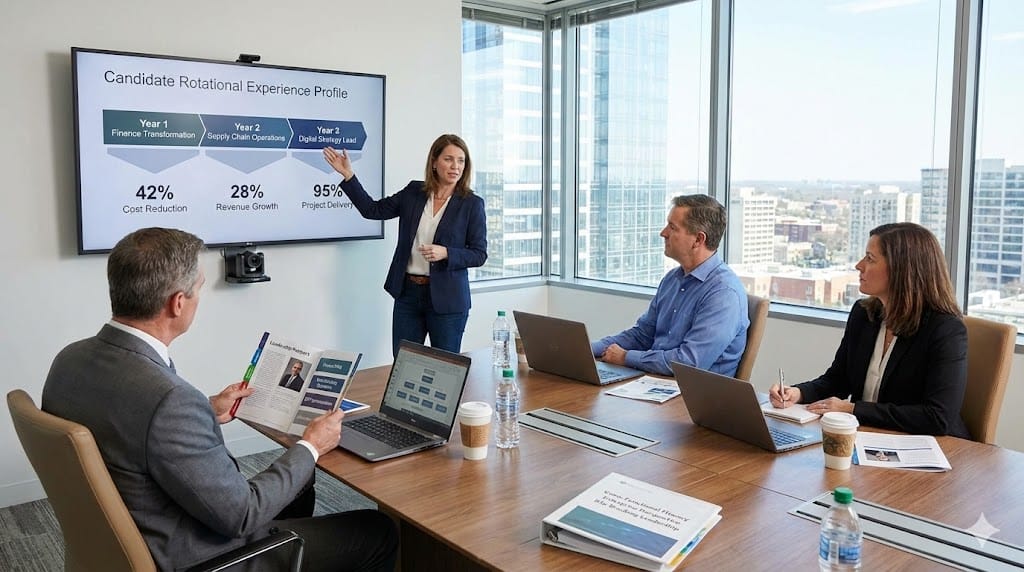 High-potential executive showcasing rotational leadership experience across finance, operations, and technology functions—diverse C-suite team reviews candidate's cross-functional assignments demonstrating strategic integration capability .