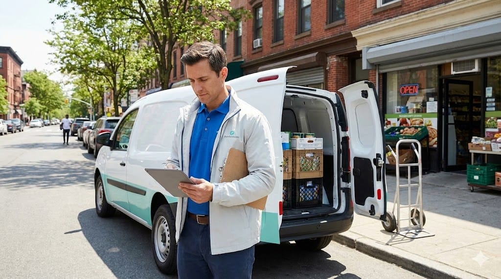 Field sales representative reviewing optimized delivery routes on a tablet beside a branded food distribution van parked outside a neighborhood grocery store.