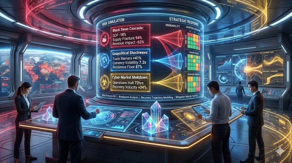  Strategic planning war room executing rigorous scenario simulations and stress tests—multi-axis risk modeling projecting enterprise resilience across geopolitical shocks, market crashes, and supply chain disruptions.