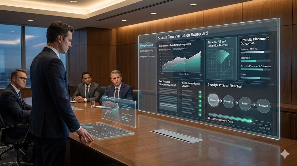 Board governance committee evaluating executive search firm performance metrics and oversight protocols through dynamic compliance dashboards.