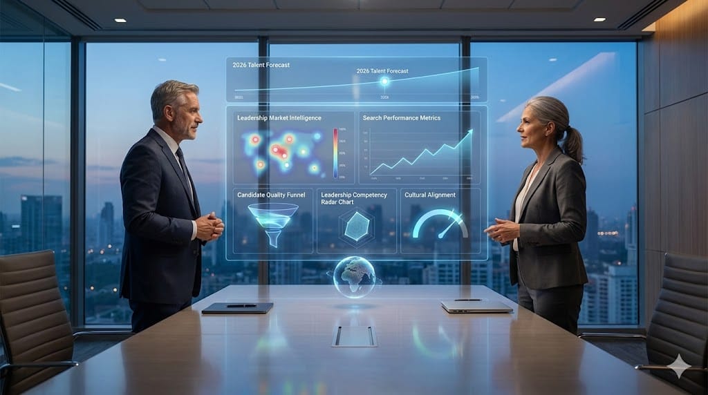 Corporate leadership team evaluating executive search firm partnership with animated talent analytics and strategic alignment visuals in a modern boardroom.