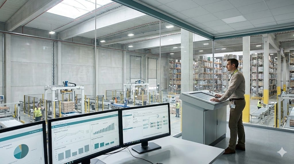 Operations leader overseeing smart manufacturing systems and integrated supply chain performance from a glass-walled control hub inside a modern food processing facility.