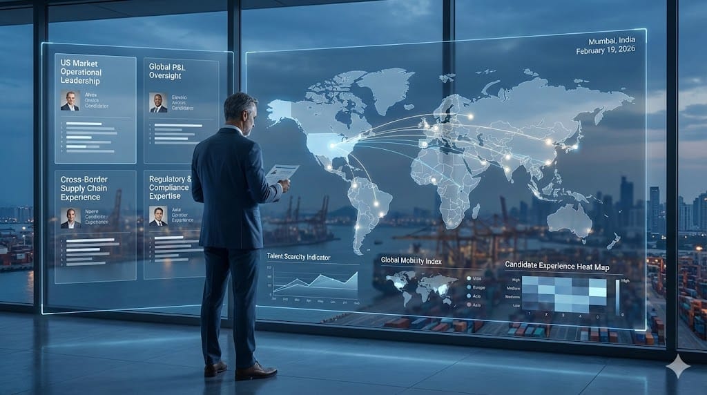 Executive recruiter evaluating industrial leadership candidates with both US and international operational experience using global talent analytics.