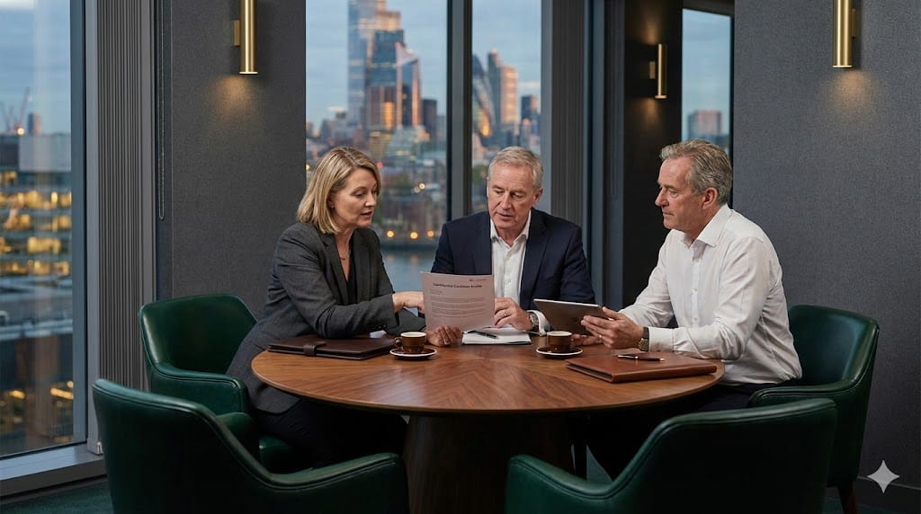 Senior business leaders collaborating with a specialist executive search consultant in a private strategy meeting, reviewing confidential candidate profiles.