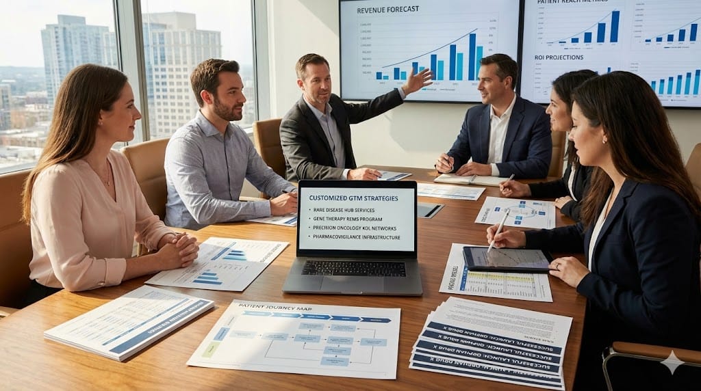 Biotech commercial leaders architecting specialized go-to-market strategies—tailoring rare disease hub services gene therapy pharmacovigilance precision medicine KOL engagement models to unique therapeutic profiles maximizing patient access revenue.