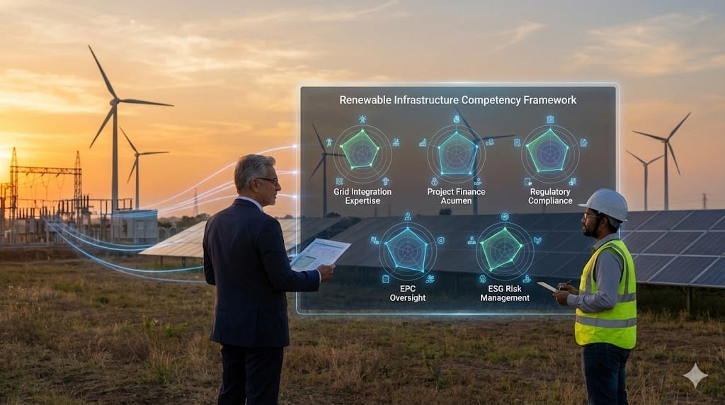 Renewable energy leaders reviewing competency frameworks with animated performance analytics across wind and solar infrastructure projects.
