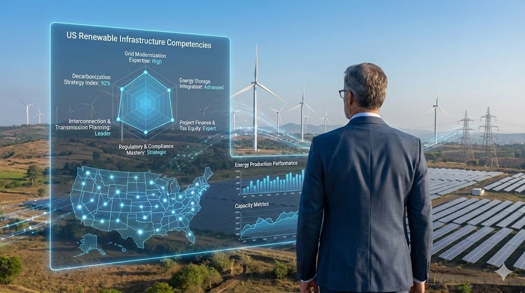 Renewable infrastructure executive reviewing specialized competency framework with wind, solar, and grid modernization analytics dashboards.