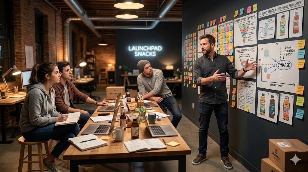 Startup CEO leading a late-stage strategy session in a fast-growing consumer brand workspace, surrounded by product mockups, marketing experiments, and rapid growth planning materials.
