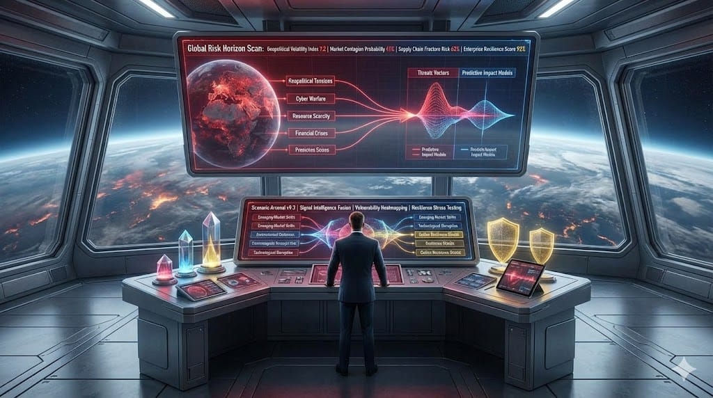 Strategic foresight executive scanning global risk horizon—integrated dashboard monitoring geopolitical tensions, market volatility signals, and enterprise vulnerability matrices for proactive risk anticipation and mitigation.