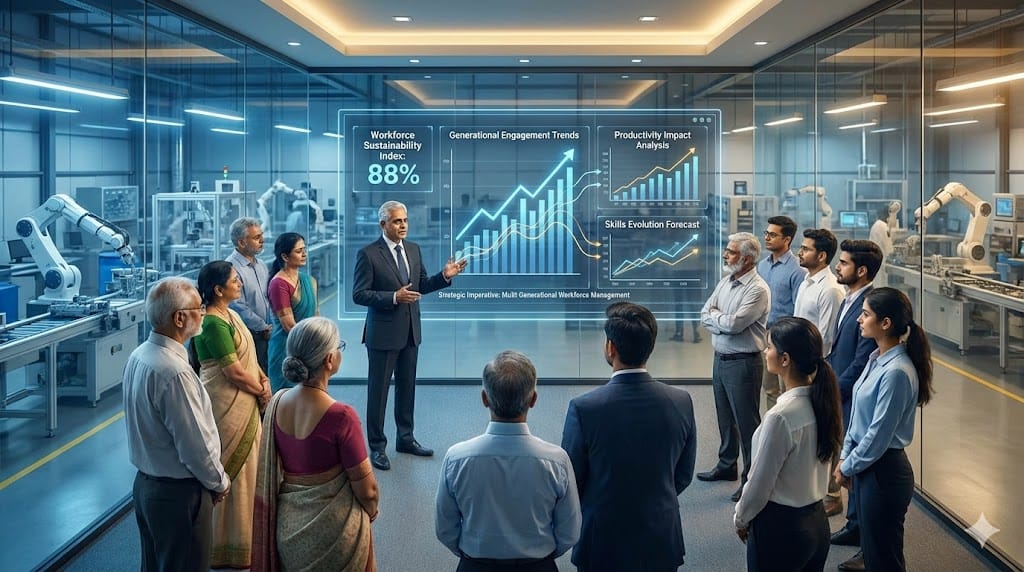 Business leader addressing a multi-generational workforce with workforce analytics and strategic performance dashboards in a modern industrial environment.