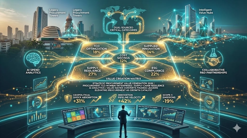 Strategic procurement leadership driving enterprise value creation—18% TCO reduction beyond savings, supplier innovation partnerships, AI-powered spend analytics delivering 27% supply chain resilience uplift for 2026 Mumbai enterprises 