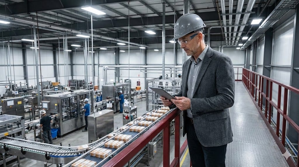 Food manufacturing executive reviewing production output and cost metrics from an elevated mezzanine overlooking a high-volume processing line.