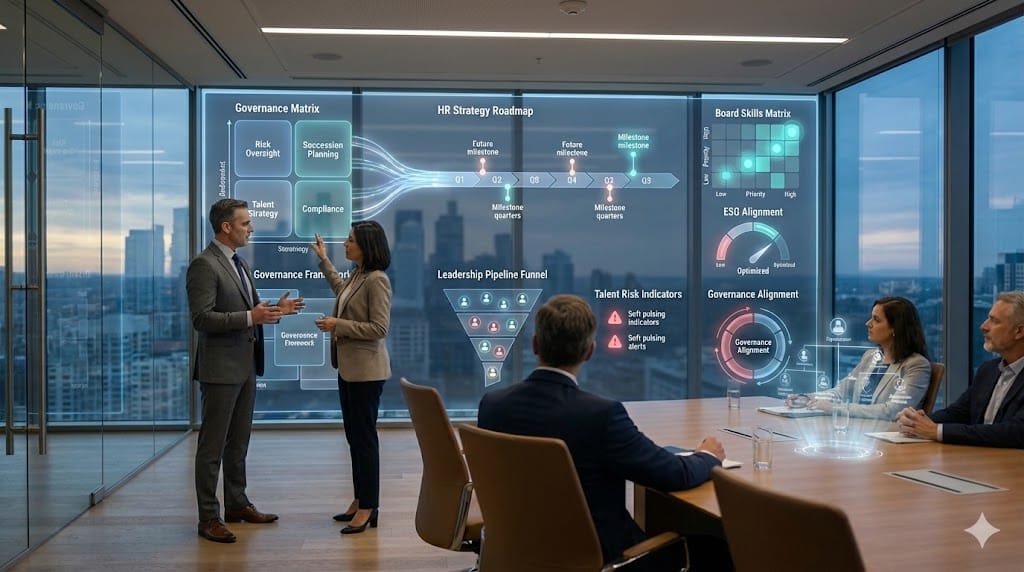 HR and governance leaders reviewing strategic policy frameworks and performance metrics with dynamic oversight dashboards in a modern boardroom.