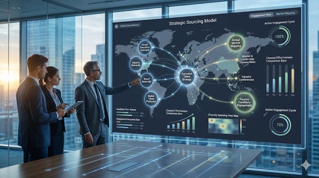 Executive recruitment team analyzing multi-channel strategic sourcing network with animated global connection pathways and candidate flow indicators.