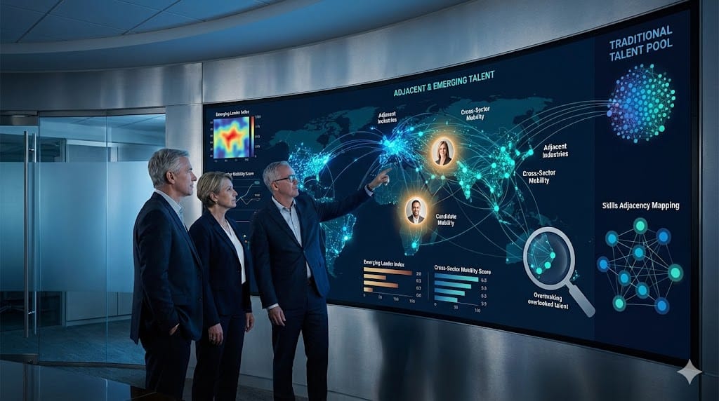 Executive talent team using advanced analytics and network mapping to identify unconventional high-potential candidates outside traditional corporate talent pools.
