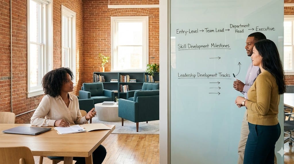 HR leaders reviewing structured career progression pathways on a glass wall while interviewing a candidate in a modern, sunlit office environment.