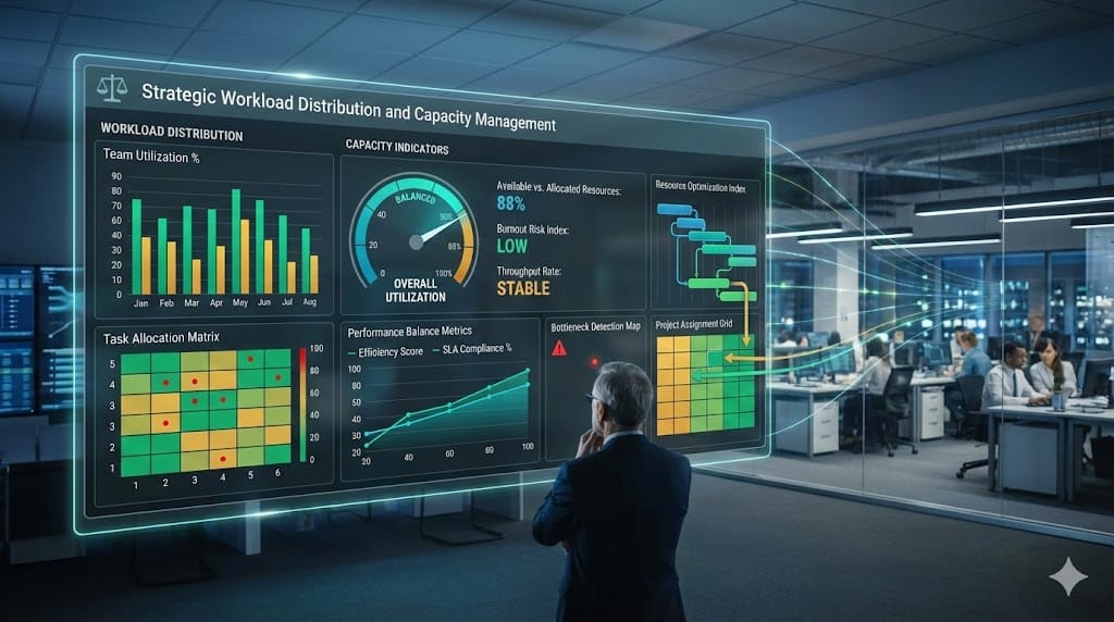 Operations leader analyzing workload distribution and capacity management dashboard with resource allocation charts, performance metrics, and balanced team productivity indicators.