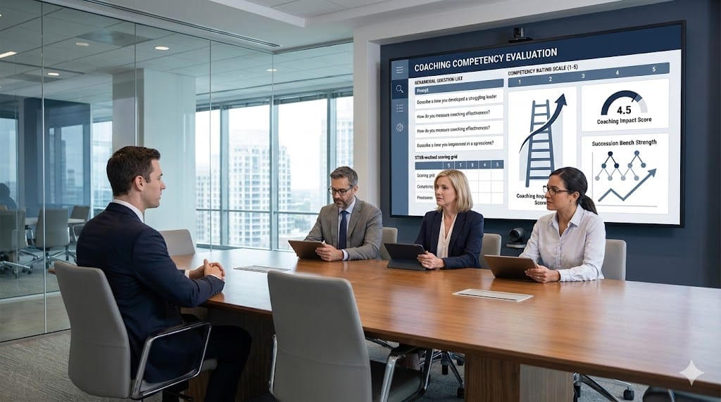 Executive interview panel evaluating coaching capabilities using structured behavioral questions and competency scoring dashboard in a professional boardroom.