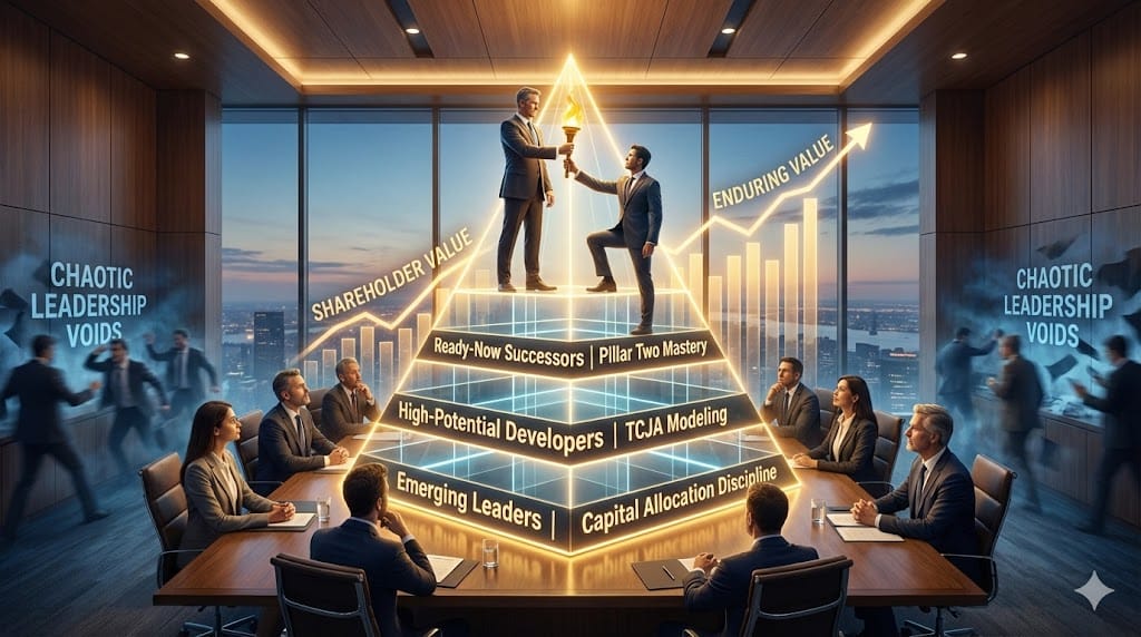 Strategic succession architecture safeguarding financial stewardship—multi-tiered talent pipeline ensuring seamless CFO transitions through Pillar Two expertise TCJA mastery capital discipline preserving long-term shareholder value across leadership cycles.