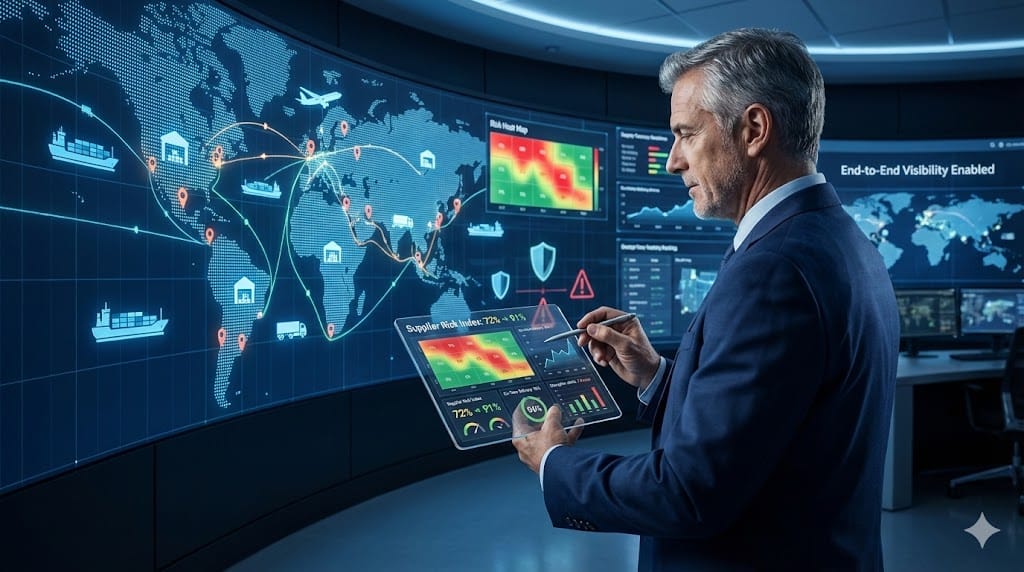 Executive analyzing global supply chain risk dashboard with logistics network map, cargo ships, warehouses, and risk heat indicators in a modern operations control room.