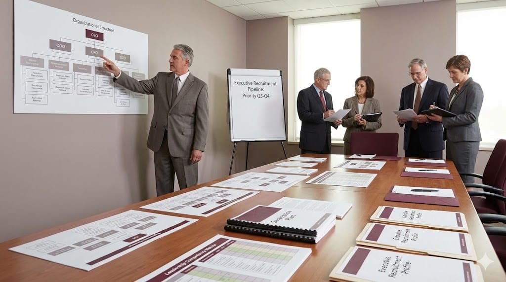 Corporate board reviewing executive talent architecture plan with organizational charts and succession planning documents during a governance meeting.