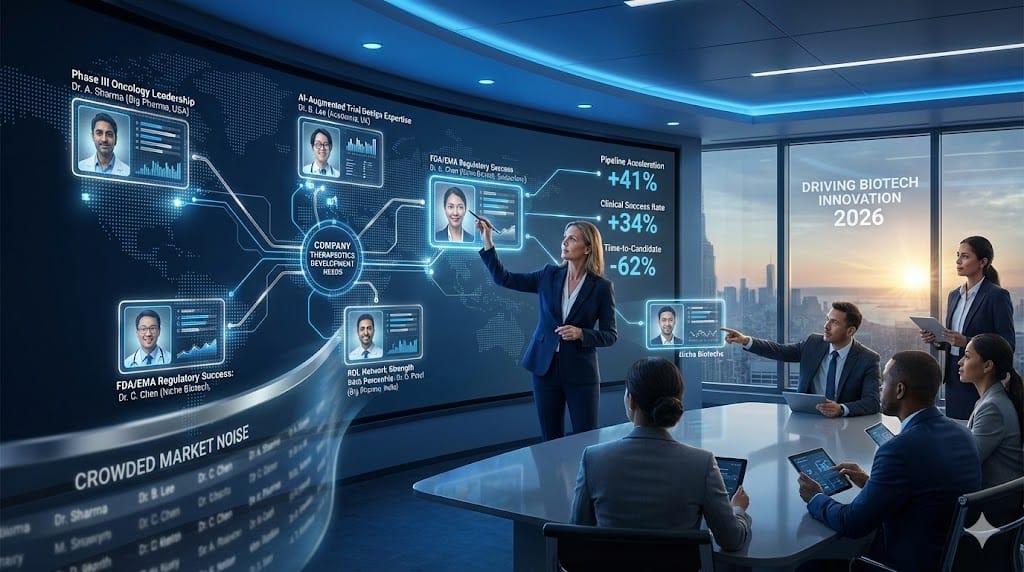 Executive talent scouts identifying prospective Chief Medical Officers in competitive biotech markets—mapping clinical development leaders with AI fluency regulatory mastery KOL networks for therapeutics innovation acceleration.
