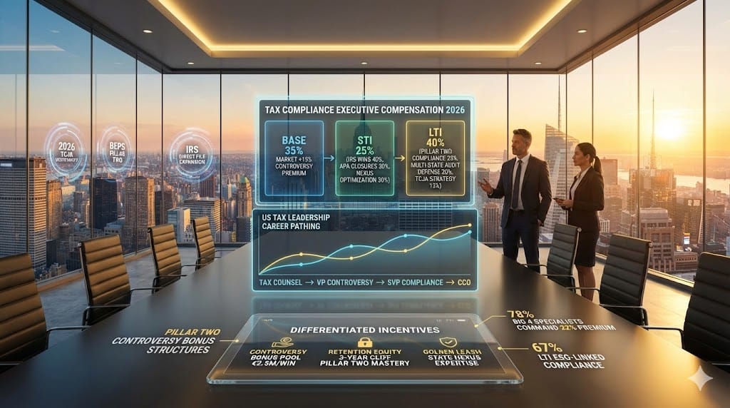 Tax compliance VP reviewing 2026 incentive structure with 30% LTI tied to Pillar Two compliance audit defense wins state nexus optimization—career progression from controversy specialist to C-suite tax strategist.