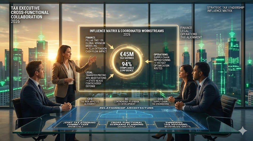 US tax executive building influence across Finance Legal Operations—matrix showing Pillar Two compliance alignment TCJA scenario collaboration supply chain tax restructuring joint steering committees 2026 "Building Cross-Functional Influence with Finance, Legal, and Operations".