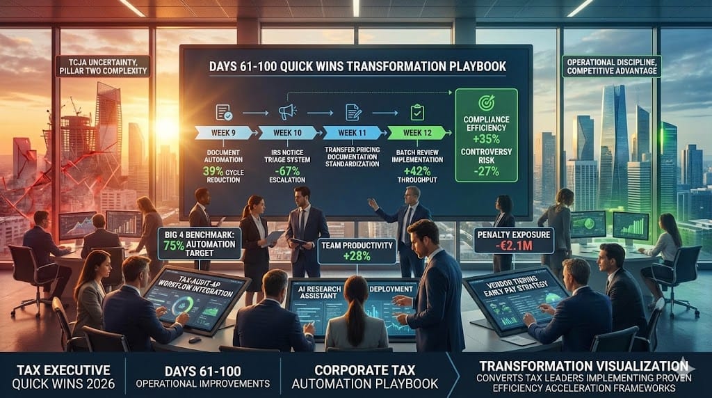 Tax leader activating 61-100 day playbook—automating document workflows triaging IRS notices standardizing transfer pricing documentation reducing compliance cycle time 35% through operational excellence.