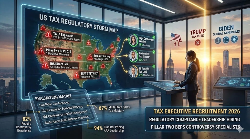 Recruiter sourcing tax compliance executives navigating 2026 US regulatory shifts—Biden-era TCJA extension uncertainty Pillar Two BEPS 2.0 IRS Direct File expansion state nexus complexity requiring proven controversy leadership "Recruiting Tax and Regulatory Compliance Executives in a Shifting US Landscape".