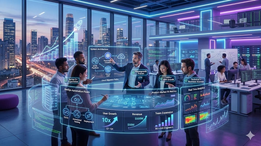 Dynamic team of tech executives in a modern open office planning hypergrowth scaling strategy—diverse CTO, VP Engineering, and CPO reviewing architecture diagrams and growth metrics for 2026 tech leadership hires.