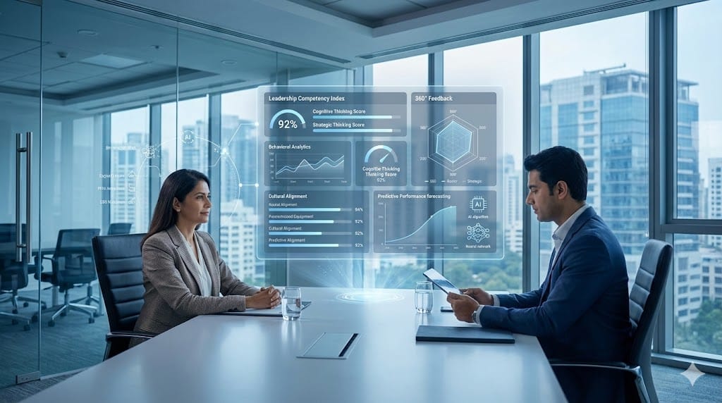 Executive leadership candidate evaluated through AI-powered assessment dashboard with analytics, performance metrics, and digital competency scoring system.