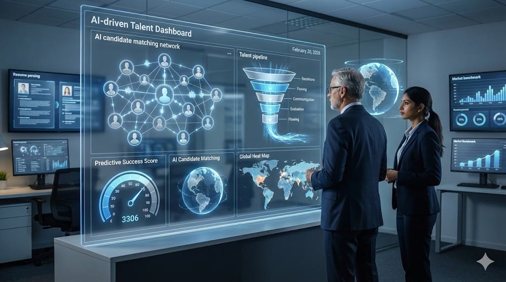 Executive search team using AI-powered talent analytics and integrated digital platforms to streamline modern recruitment processes.