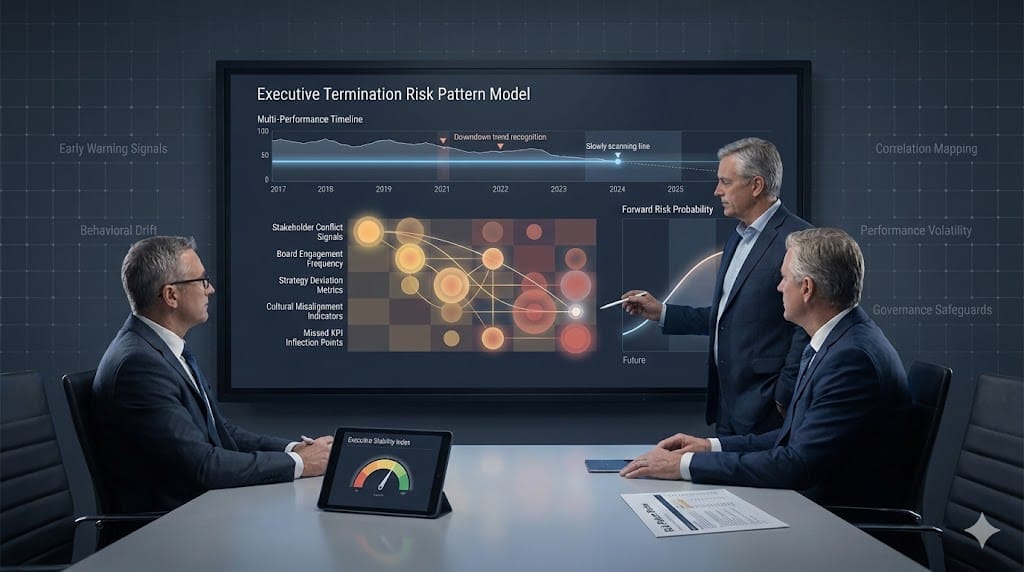 Executive analytics dashboard displaying termination risk pattern recognition with predictive trend lines and animated anomaly detection indicators.